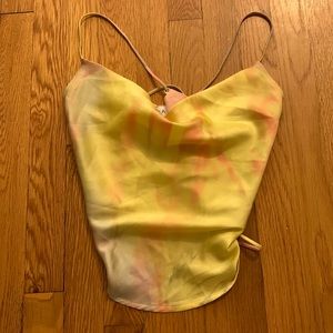 South Moon Under Acoa Yellow Pink Cowl Neck Satin Tank Top